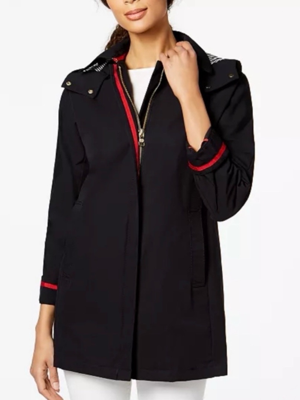 Vince Camuto S Navy Coat Jacket w Red Lining Detail & Navy/White Lined Hood